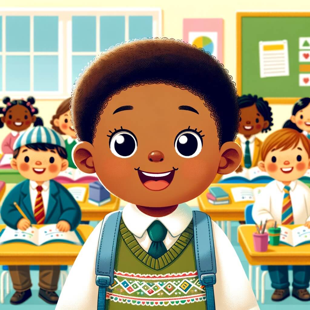 Une illustration pour enfants représentant une petite fille pleine d'excitation lors de sa rentrée des classes dans une salle de classe colorée et accueillante.