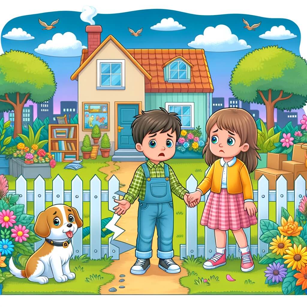 Une illustration destinée aux enfants représentant un petit garçon perdu, confronté à la séparation de ses parents, accompagné d'un adorable chien, dans une maison colorée avec un grand jardin fleuri.