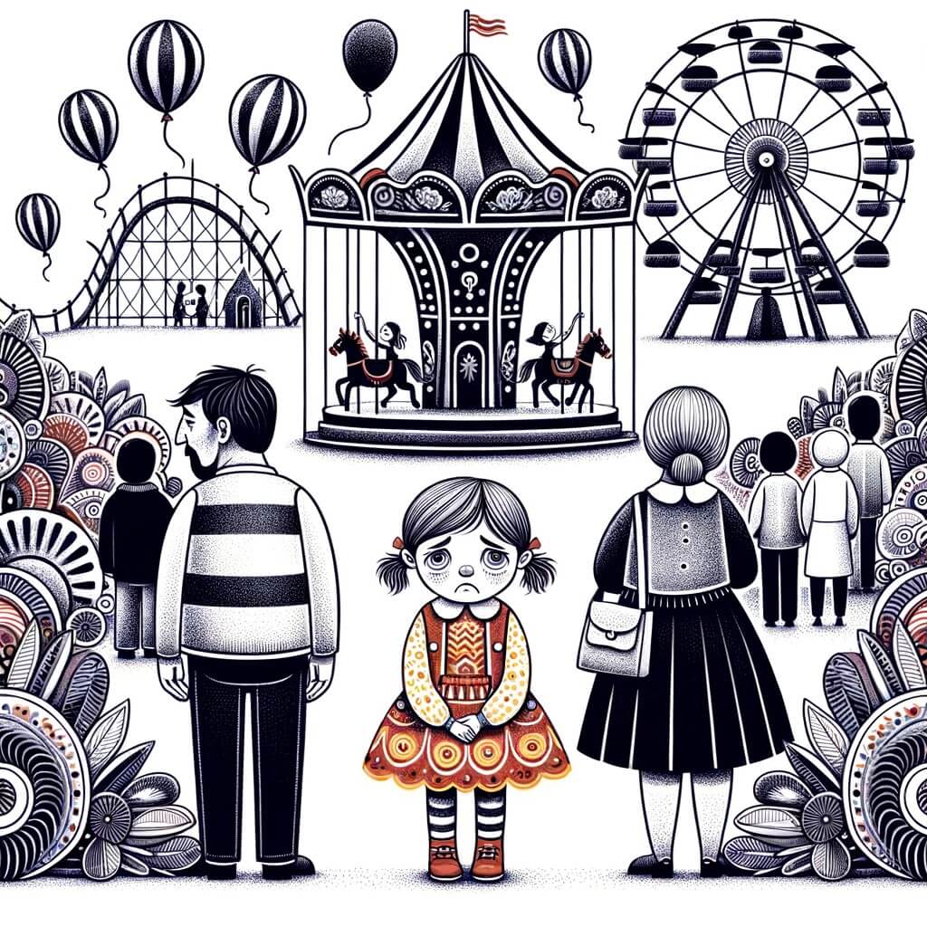 Une illustration destinée aux enfants représentant une petite fille triste, entourée de ses parents séparés, dans un parc d'attractions coloré avec des manèges, des ballons et des attractions amusantes.