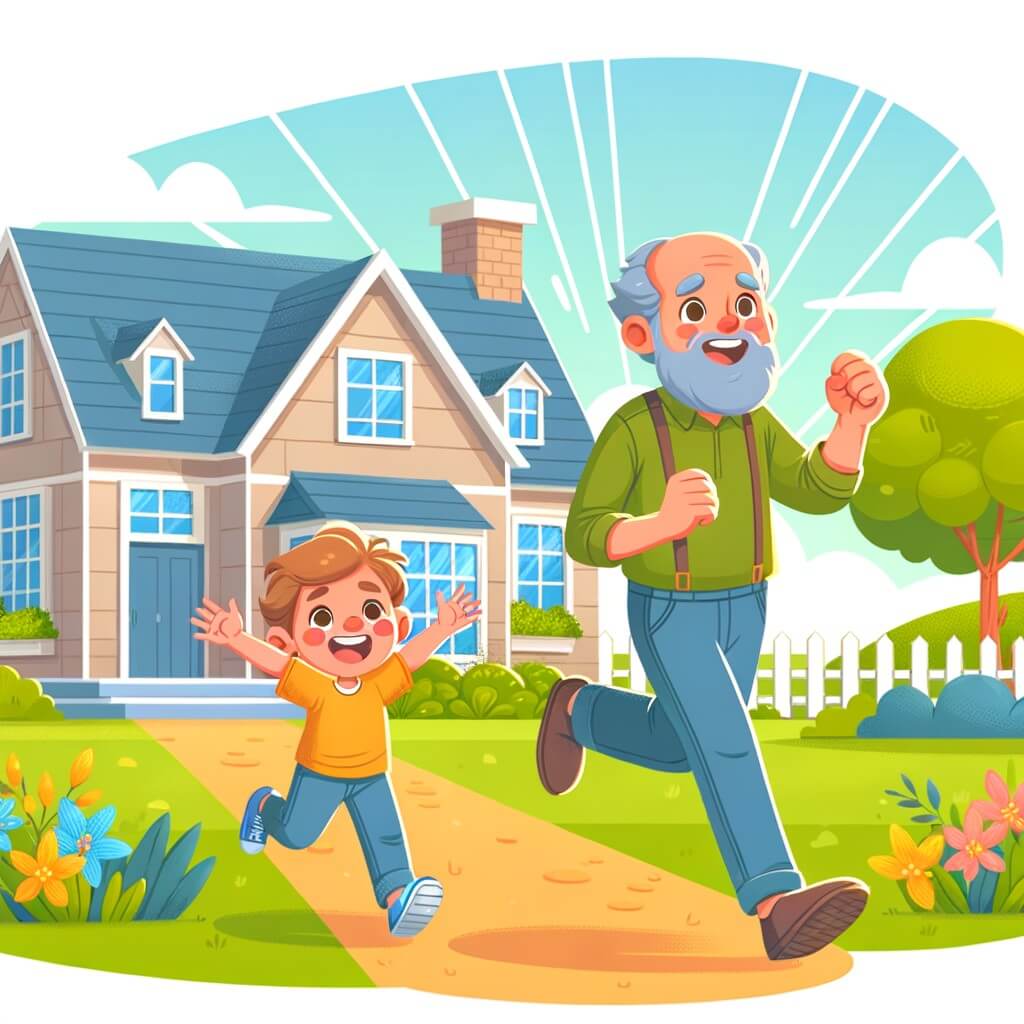 Une illustration destinée aux enfants représentant un petit garçon joyeux et énergique vivant une séparation de ses parents, avec son grand-père comme personnage secondaire, dans une maison spacieuse avec un grand jardin verdoyant et coloré.