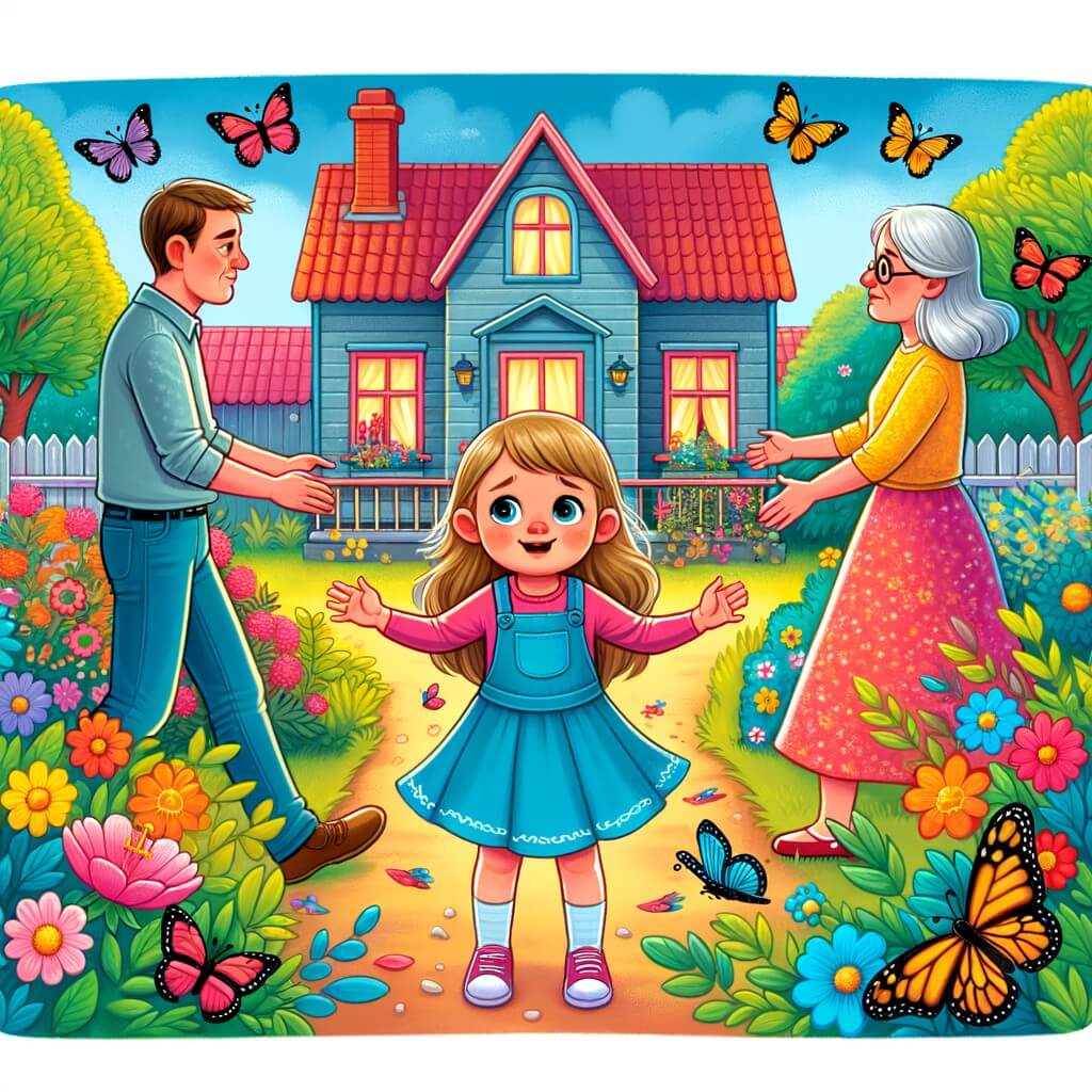 Une illustration destinée aux enfants représentant une petite fille, entourée de ses parents, qui vit la séparation de ces derniers, dans une maison colorée avec un jardin fleuri où les papillons virevoltent joyeusement.