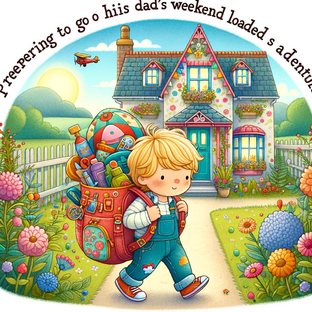 Une illustration destinée aux enfants représentant un petit garçon aux cheveux blonds, portant un sac à dos rempli de jouets, dans une maison colorée avec un grand jardin fleuri, se préparant à partir chez son papa pour un week-end rempli d'aventures.