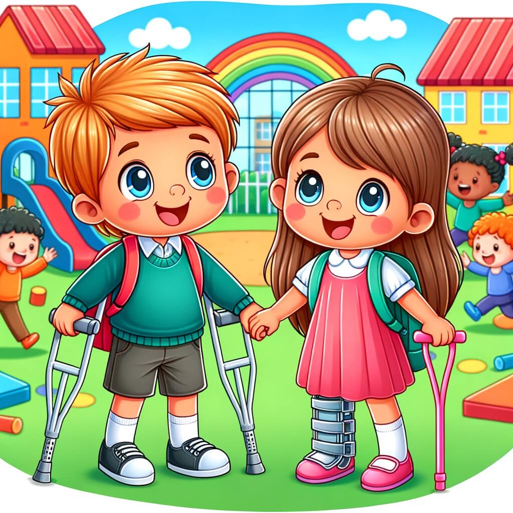 Une illustration destinée aux enfants représentant un petit garçon courageux et curieux, faisant face à une nouvelle école, accompagné d'une petite fille souriante avec des béquilles, dans une cour de récréation colorée et animée par des enfants jouant joyeusement.