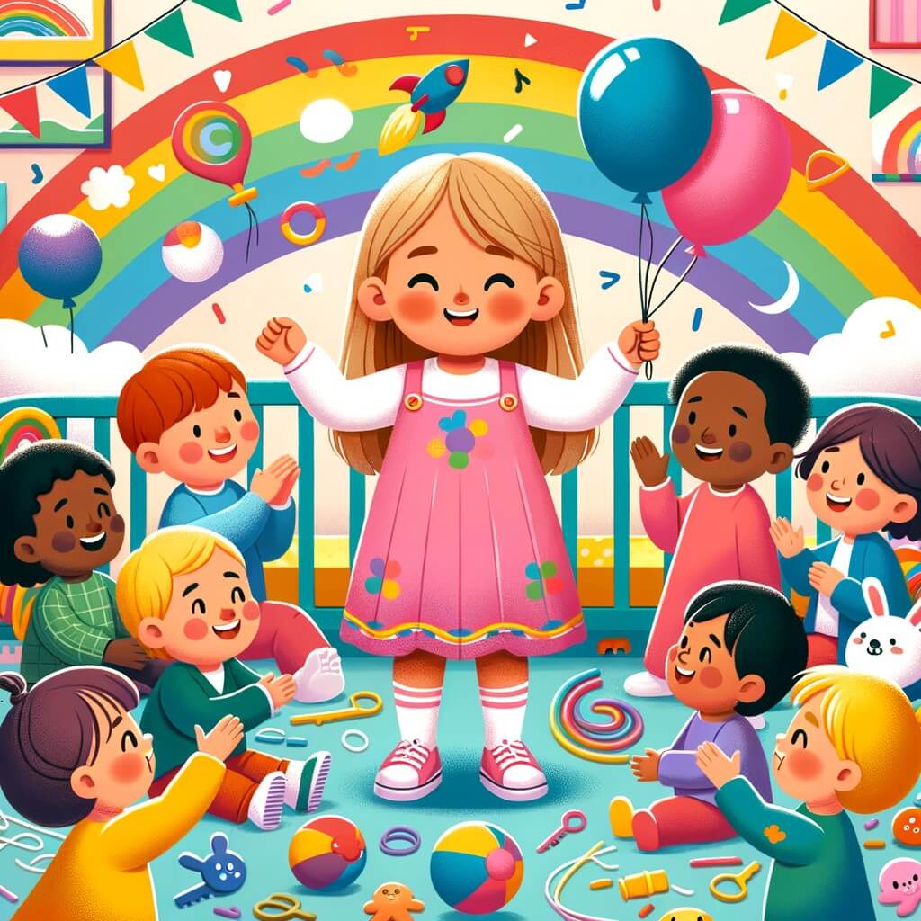 Une illustration destinée aux enfants représentant une petite fille, entourée d'amis, qui défend la tolérance et l'amitié, dans une crèche colorée remplie de jouets, de ballons et de rires joyeux.