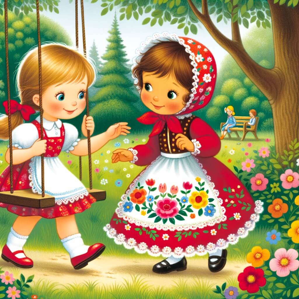 Une illustration destinée aux enfants représentant une petite fille curieuse, accompagnée d'une nouvelle amie portant une robe rouge avec des fleurs, jouant joyeusement dans un parc verdoyant avec des arbres, des balançoires et des fleurs colorées.