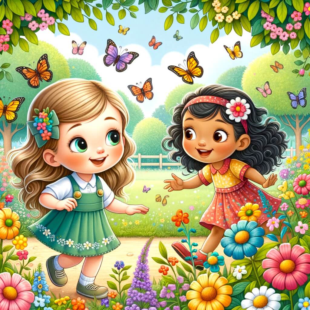 Une illustration destinée aux enfants représentant une petite fille curieuse et pleine de vie, faisant la rencontre d'un enfant différent dans un parc fleuri et coloré, où les papillons virevoltent joyeusement.