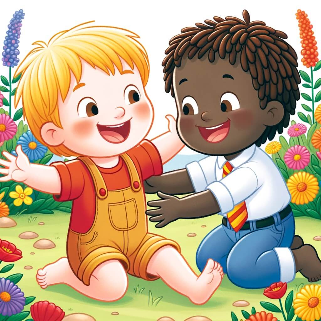Une illustration pour enfants représentant un petit garçon curieux et plein de joie découvrant une nouvelle amitié dans un jardin rempli de couleurs.