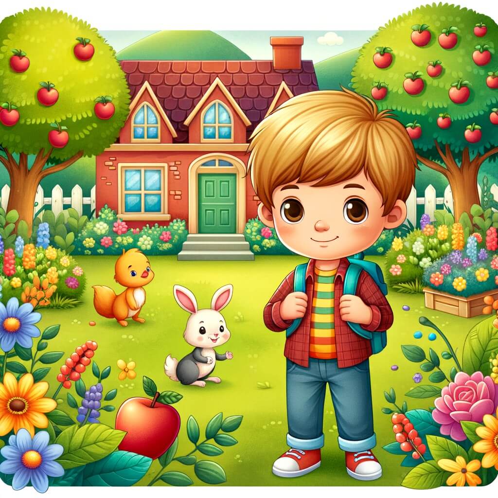 Une illustration destinée aux enfants représentant un petit garçon curieux, entouré de nouveaux amis, qui se retrouve dans un jardin fleuri avec des arbres fruitiers et une maison colorée en arrière-plan.