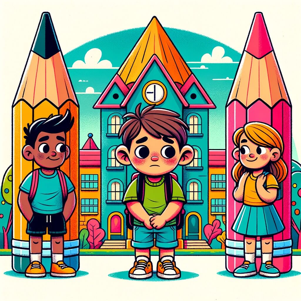 Une illustration destinée aux enfants représentant un petit garçon timide qui fait face à sa première journée d'école dans une ville inconnue, accompagné d'un garçon sportif et d'une fille créative, dans une école colorée avec des bâtiments en forme de crayons et des arbres aux feuilles multicolores.
