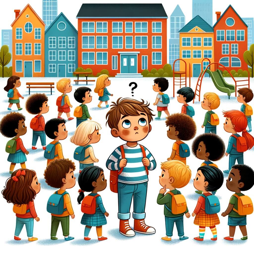 Une illustration destinée aux enfants représentant un petit garçon curieux, se sentant perdu dans une nouvelle école colorée remplie d'enfants aux cheveux bouclés, raides, à la peau claire ou foncée, jouant ensemble sur un grand terrain de jeux.