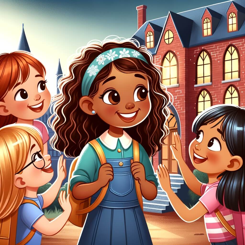 Une illustration pour enfants représentant une petite fille pleine d'énergie qui se fait de nouvelles amies dans une école enchantée.