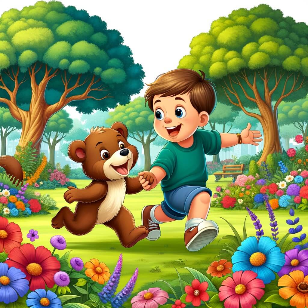 Une illustration destinée aux enfants représentant un petit garçon curieux et joyeux, accompagné d'un nouvel ami, jouant et explorant ensemble un parc verdoyant rempli de fleurs colorées et d'arbres majestueux.