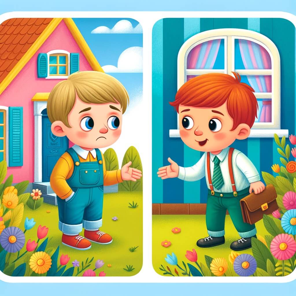 Une illustration pour enfants représentant un petit garçon qui vient de déménager dans un nouveau quartier, se faisant un nouvel ami dans la cour d'à côté, et jouant ensemble dans leur jardin.