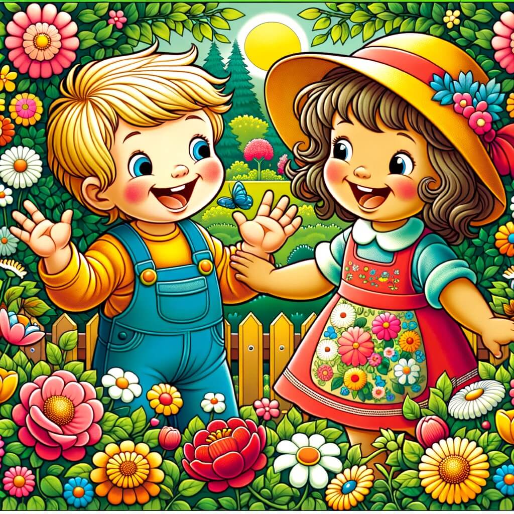 Une illustration destinée aux enfants représentant une petite fille pleine de joie, accompagnée d'un adorable voisin, dans un jardin fleuri et coloré, symbole de leur amitié naissante et de leurs aventures ensemble.