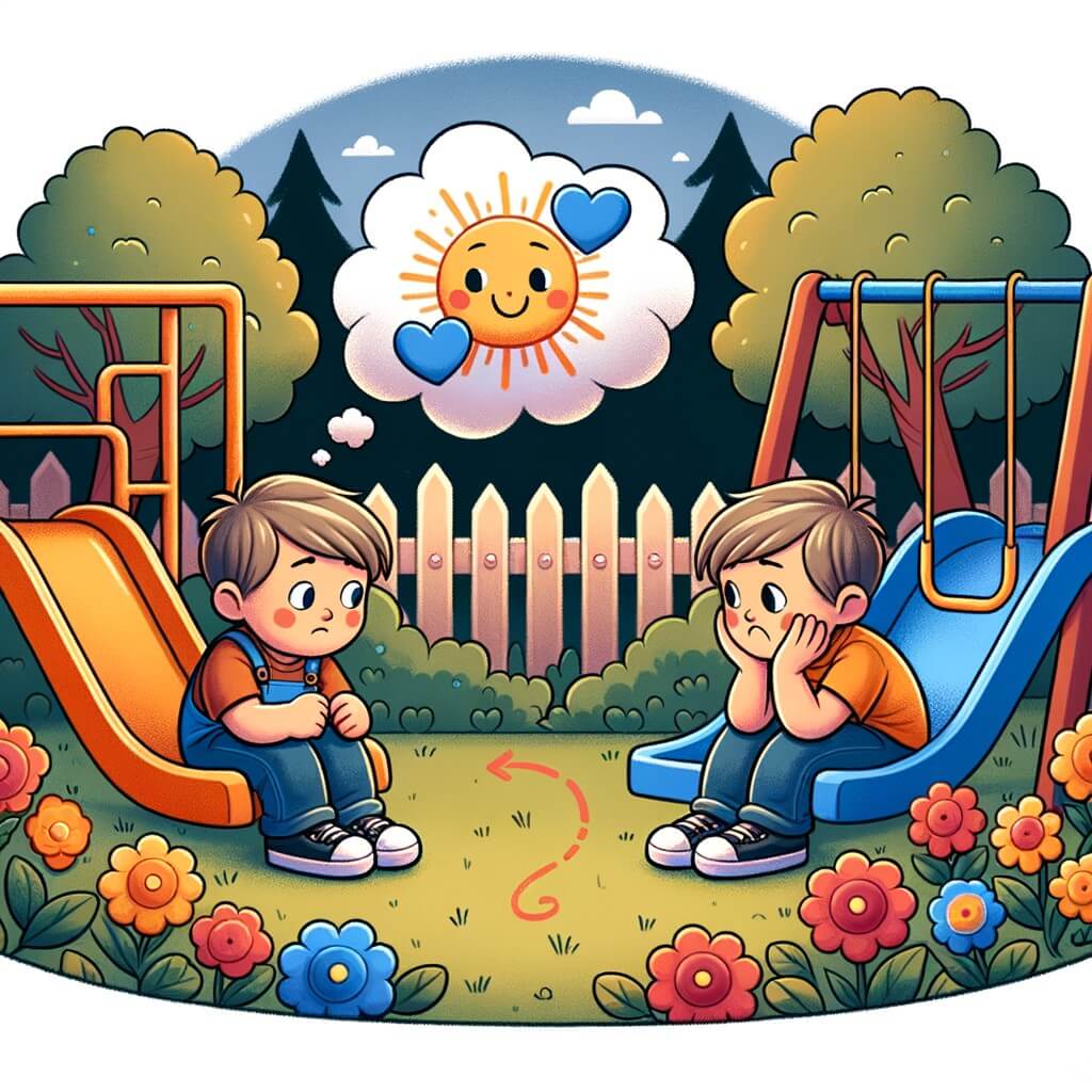 Une illustration destinée aux enfants représentant un petit garçon timide et solitaire, faisant face à sa difficulté à se faire des amis, jusqu'à ce qu'il rencontre un autre garçon joueur et attentionné dans un parc verdoyant avec des balançoires, des toboggans et des fleurs multicolores.