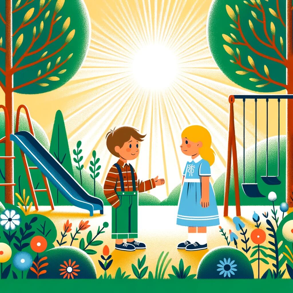 Une illustration destinée aux enfants représentant un petit garçon intrépide, rencontrant une nouvelle amie triste dans un parc ensoleillé rempli de balançoires, toboggans et arbres verdoyants.