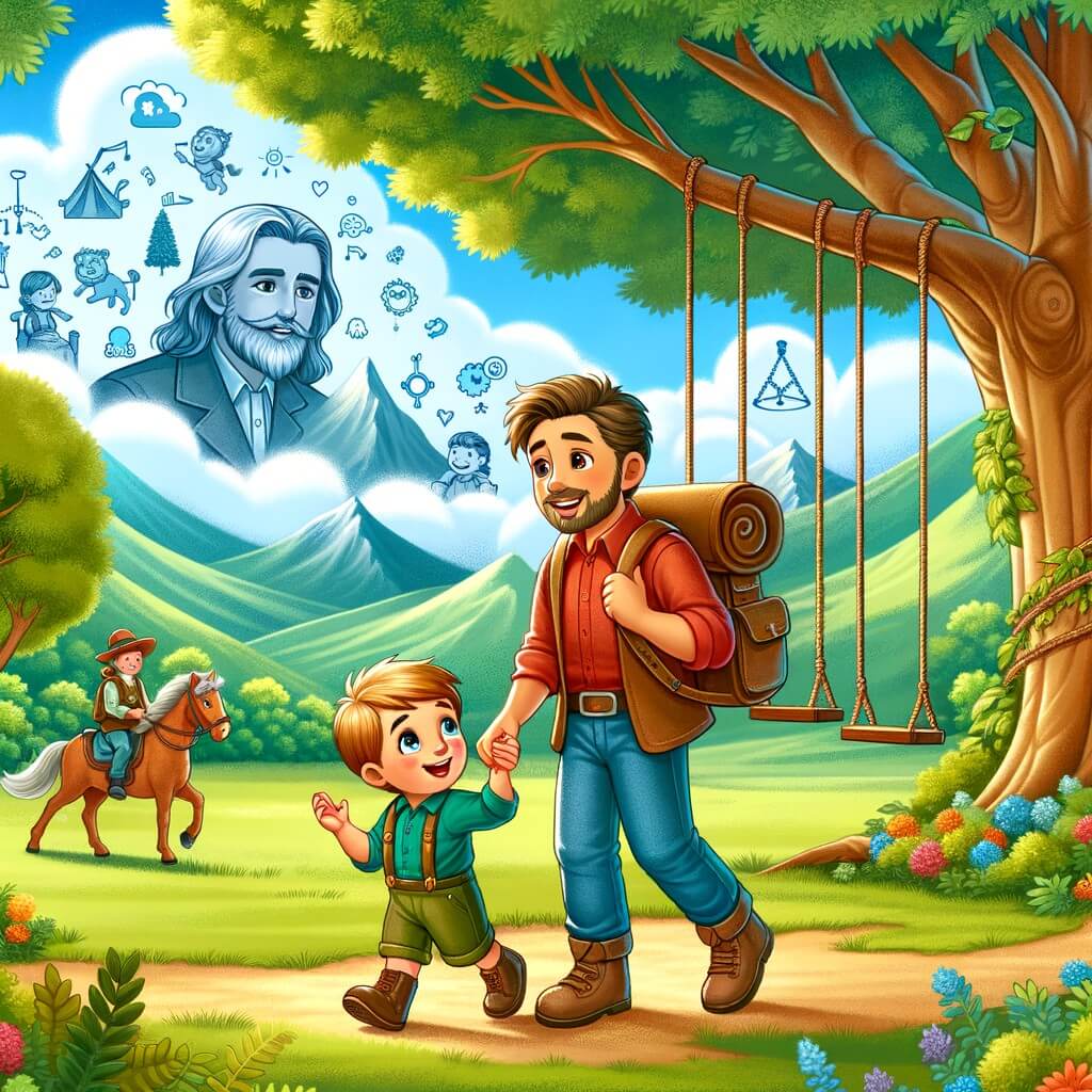 Une illustration destinée aux enfants représentant un petit garçon, accompagné d'un nouveau camarade, découvrant un monde d'aventures et d'amitié dans un parc verdoyant avec des balançoires, des arbres majestueux et un ciel bleu éclatant.