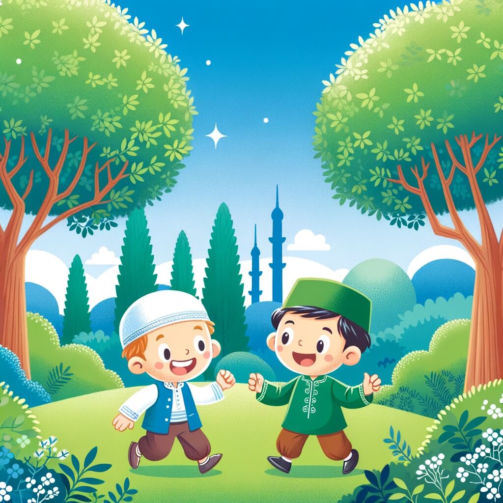 Une illustration destinée aux enfants représentant un petit garçon plein de curiosité qui se lie d'amitié avec un nouveau voisin et partage des aventures joyeuses dans un parc verdoyant, entouré d'arbres majestueux et d'un ciel bleu éclatant.