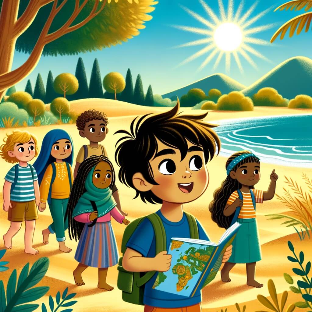 Une illustration destinée aux enfants représentant une petite fille curieuse et courageuse, accompagnée de ses amis, découvrant les mystères du changement climatique lors d'une journée ensoleillée à la plage, entourée de sable doré, d'arbres verdoyants et d'un ciel bleu azur.