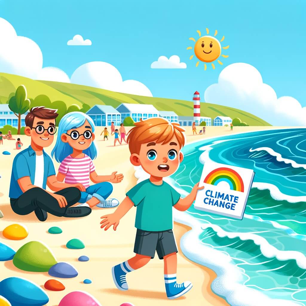 Une illustration pour enfants représentant un petit garçon découvrant la plage, troublé par la différence de paysage et apprenant que le changement climatique affecte l'environnement, à la plage.