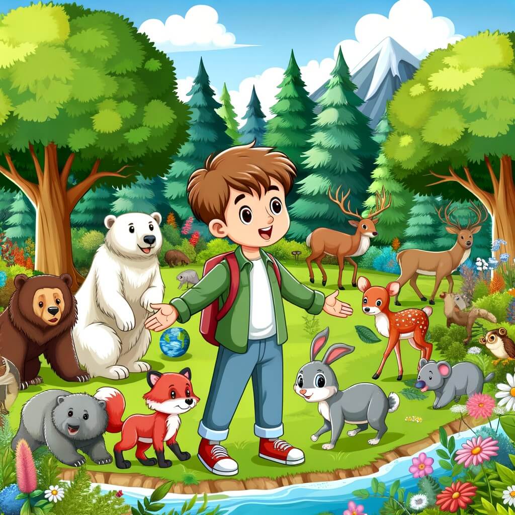 Une illustration pour enfants représentant un petit garçon passionné de nature et d'environnement, qui découvre les effets du changement climatique dans les montagnes près de chez lui.