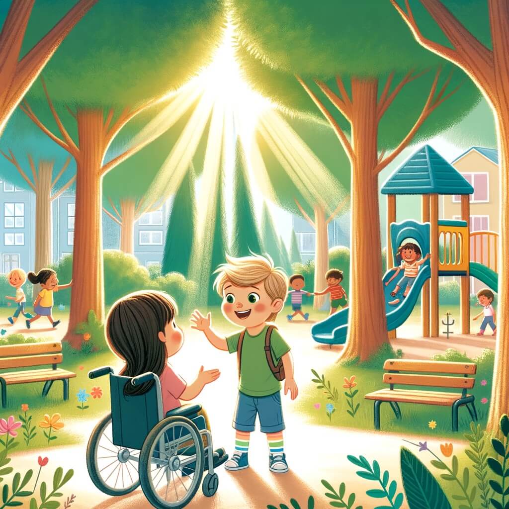 Une illustration destinée aux enfants représentant un petit garçon plein d'énergie et de curiosité, qui rencontre un nouvel ami ayant un handicap, dans un parc verdoyant avec des arbres majestueux et un terrain de jeu coloré.
