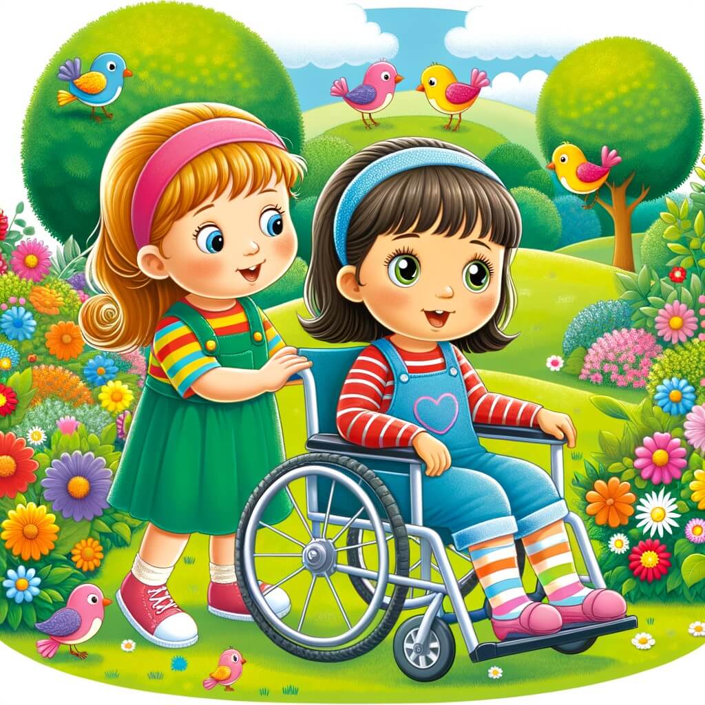 Une illustration destinée aux enfants représentant une petite fille curieuse et pleine de vie, accompagnée d'une amie en fauteuil roulant, dans un parc verdoyant parsemé de fleurs multicolores et d'oiseaux joyeux.
