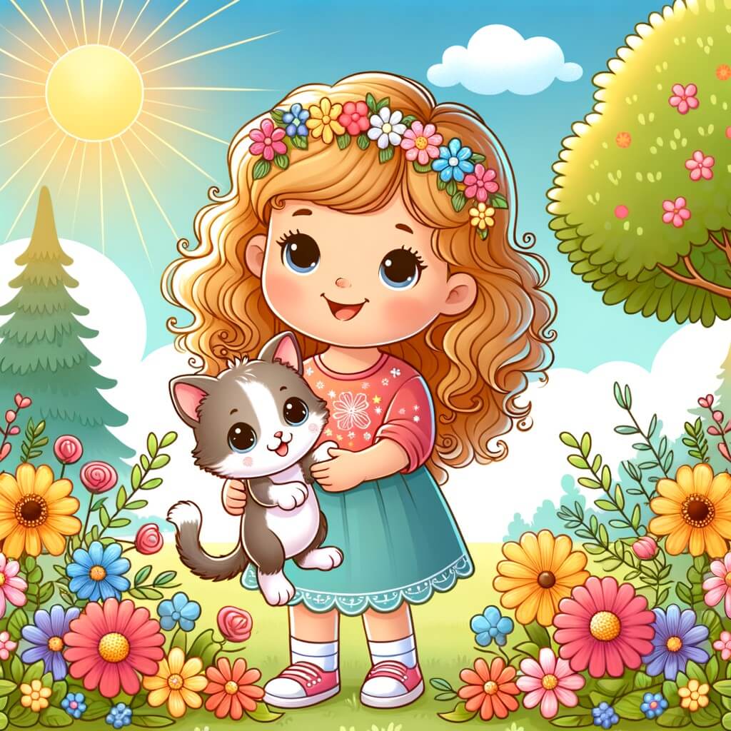 Une illustration destinée aux enfants représentant une petite fille aux cheveux bouclés, souriante, tenant un chaton avec une patte cassée, entourée de fleurs colorées dans un parc ensoleillé.