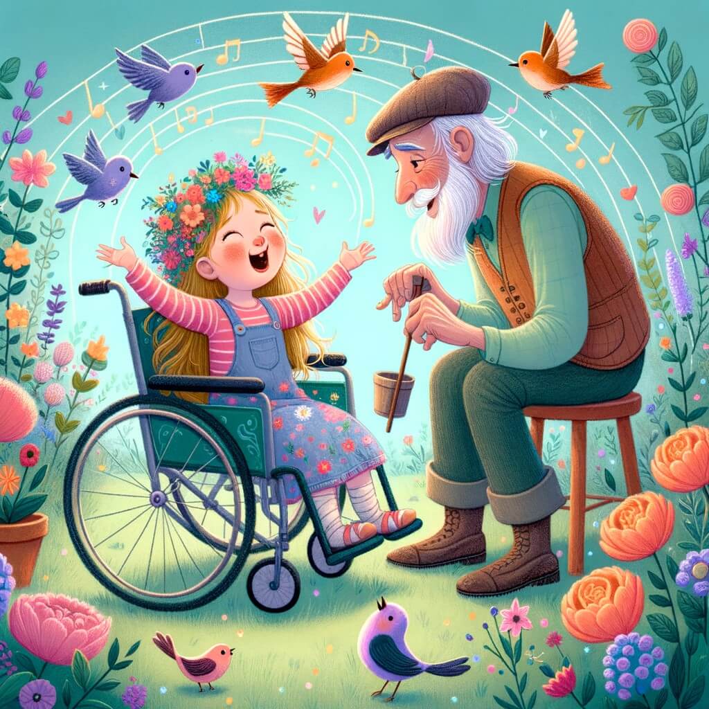 Une illustration destinée aux enfants représentant une petite fille pleine de vie, affrontant son handicap avec courage, accompagnée de son grand-père bienveillant, dans un jardin enchanté rempli de fleurs colorées et d'oiseaux chantants.
