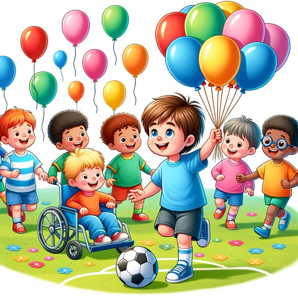 Une illustration destinée aux enfants représentant un petit garçon plein d'énergie qui découvre l'amitié et l'inclusion en organisant un tournoi de football pour les enfants handicapés, dans une cour de récréation colorée avec des ballons qui volent joyeusement dans le ciel.