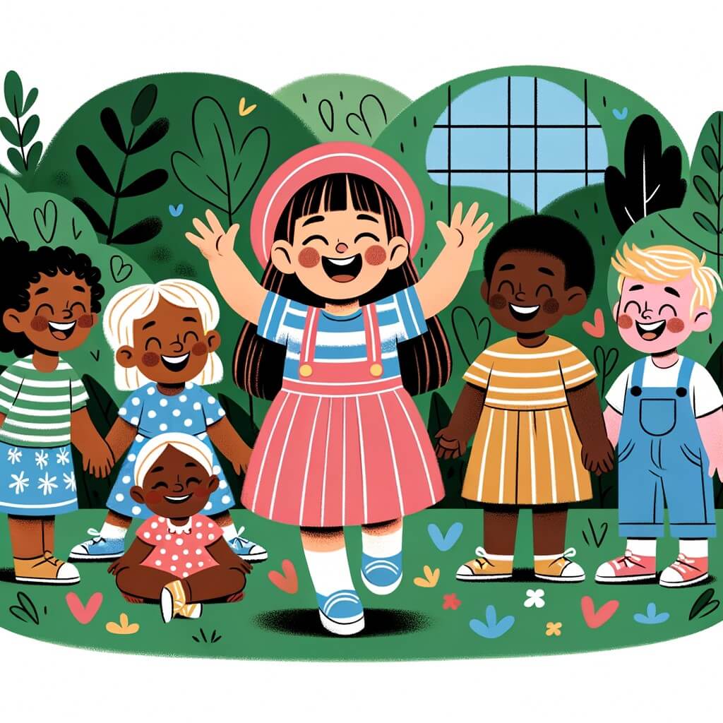 Une illustration destinée aux enfants représentant une petite fille pleine de joie, entourée d'amis et d'une nature luxuriante, dans une école inclusive où la diversité et l'amitié règnent, malgré les différences physiques et les défis rencontrés.
