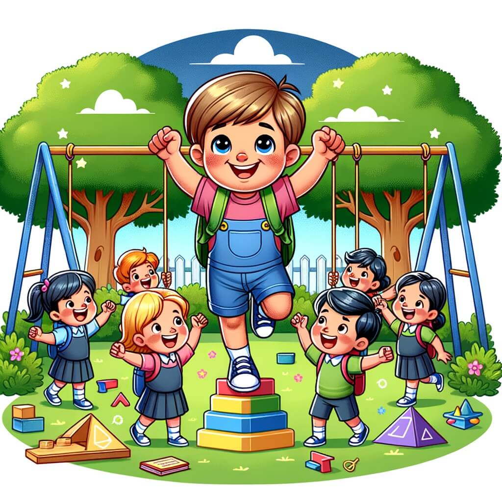 Une illustration destinée aux enfants représentant un petit garçon avec un sourire radieux, qui surmonte les obstacles avec l'aide de ses amis, dans une école colorée entourée d'arbres et de balançoires.