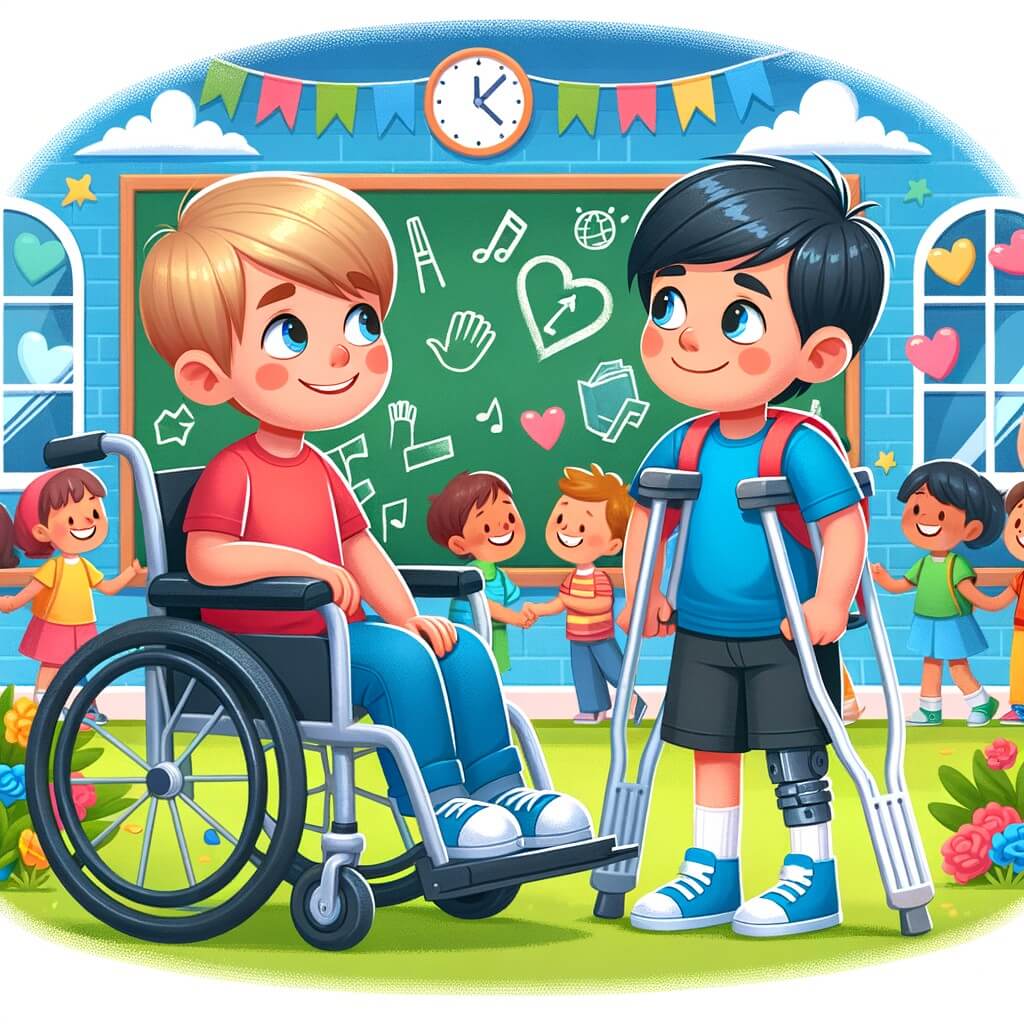 Une illustration destinée aux enfants représentant un petit garçon en fauteuil roulant, accompagné d'un garçon aux béquilles, qui se rencontrent dans une école colorée et animée où ils découvrent l'inclusion et l'importance de l'entraide.