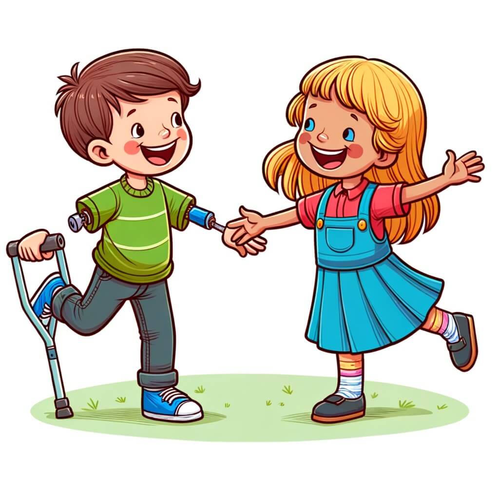 Une illustration destinée aux enfants représentant un petit garçon plein de vie, qui boite légèrement, découvrant l'amitié et l'acceptation avec une petite fille joyeuse et sans bras gauche, dans une école colorée et animée par une kermesse joyeuse.