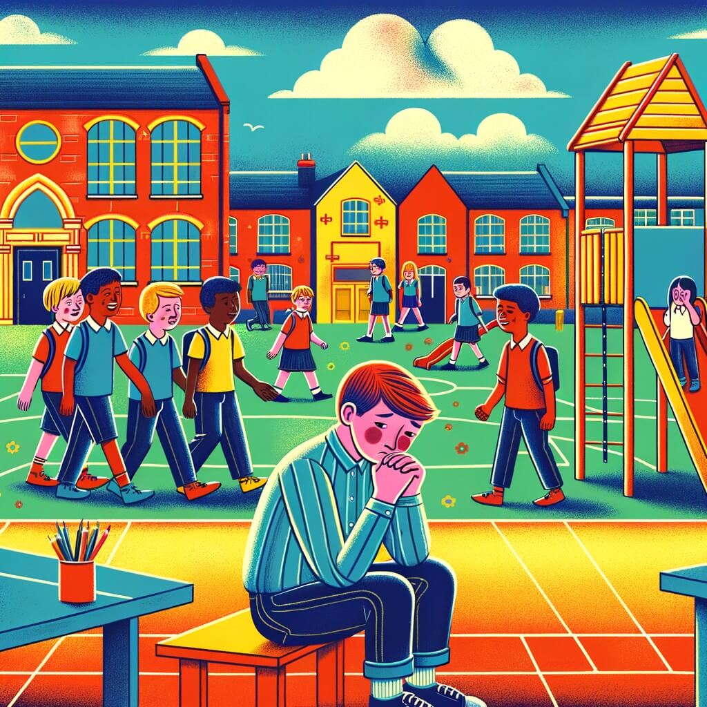 Une illustration destinée aux enfants représentant un petit garçon timide et vulnérable, confronté à des moqueries et des intimidations par un groupe de garçons plus âgés, dans la cour de récréation d'une école colorée et animée.