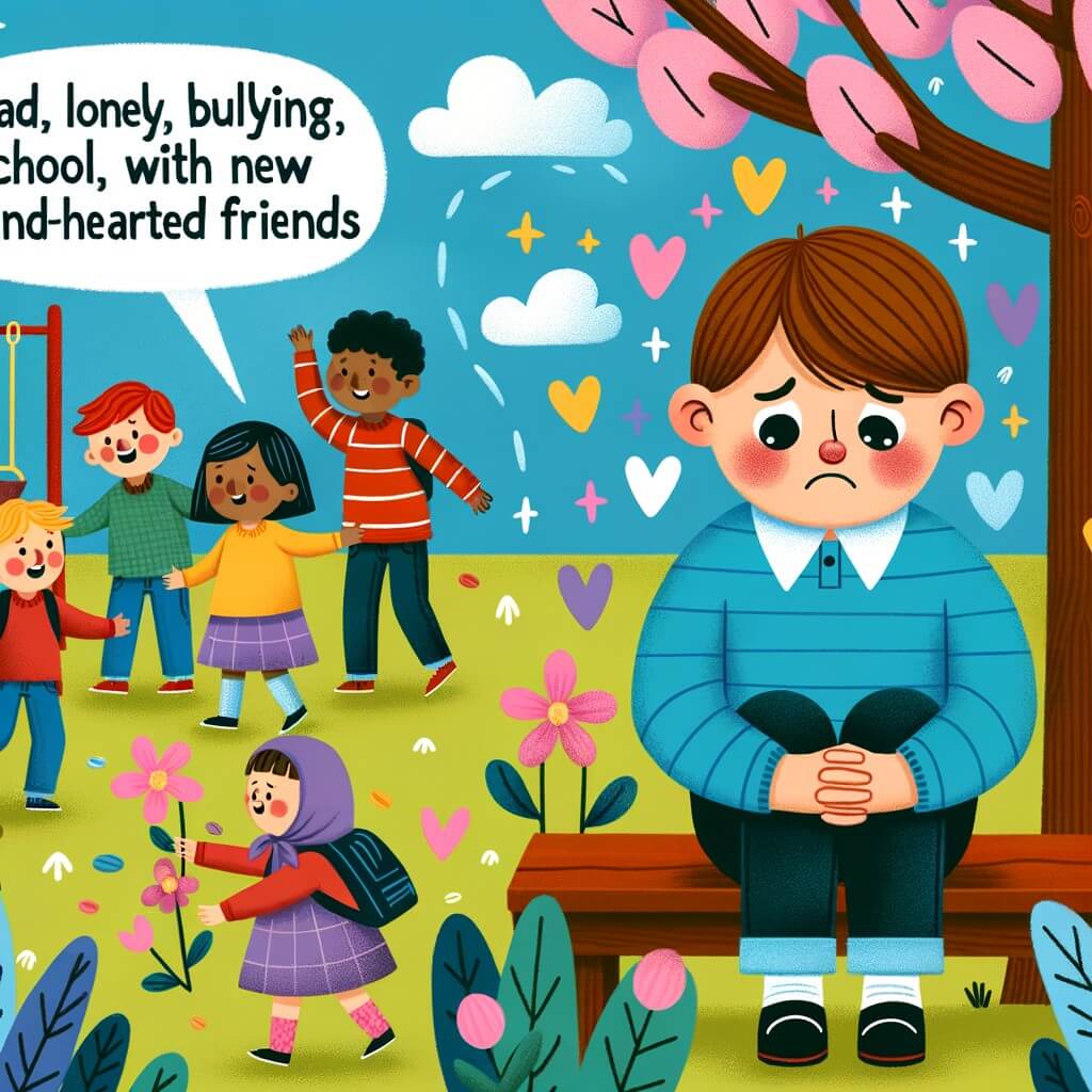 Une illustration pour enfants représentant un petit garçon qui subit du harcèlement à l'école après avoir déménagé dans un nouveau quartier.