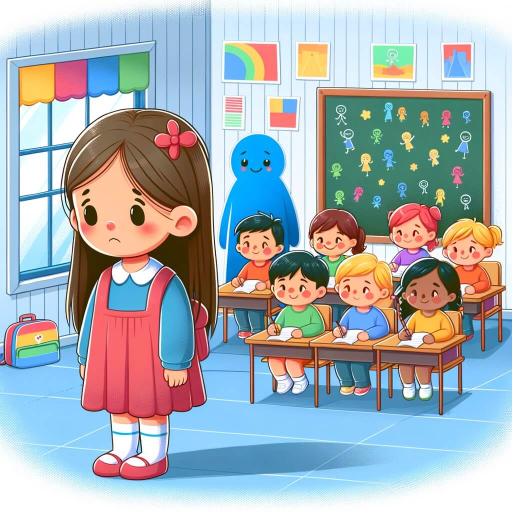 Une illustration destinée aux enfants représentant une petite fille, seule et triste, faisant face à une situation de harcèlement à l'école, avec un personnage secondaire bienveillant, entourés de salles de classe colorées remplies d'enfants joyeux.