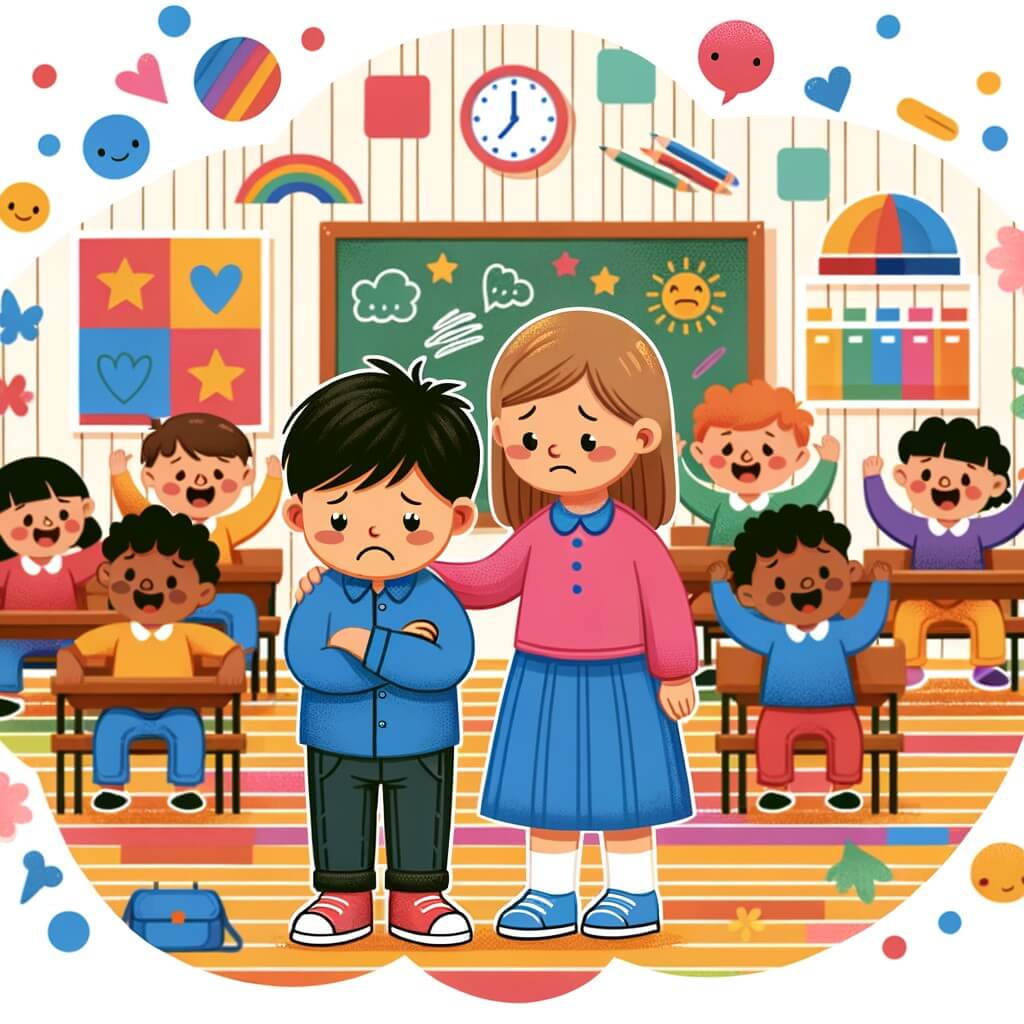 Une illustration destinée aux enfants représentant un petit garçon triste, victime de harcèlement à l'école, accompagné de sa mère aimante, dans une salle de classe colorée remplie d'enfants joyeux.