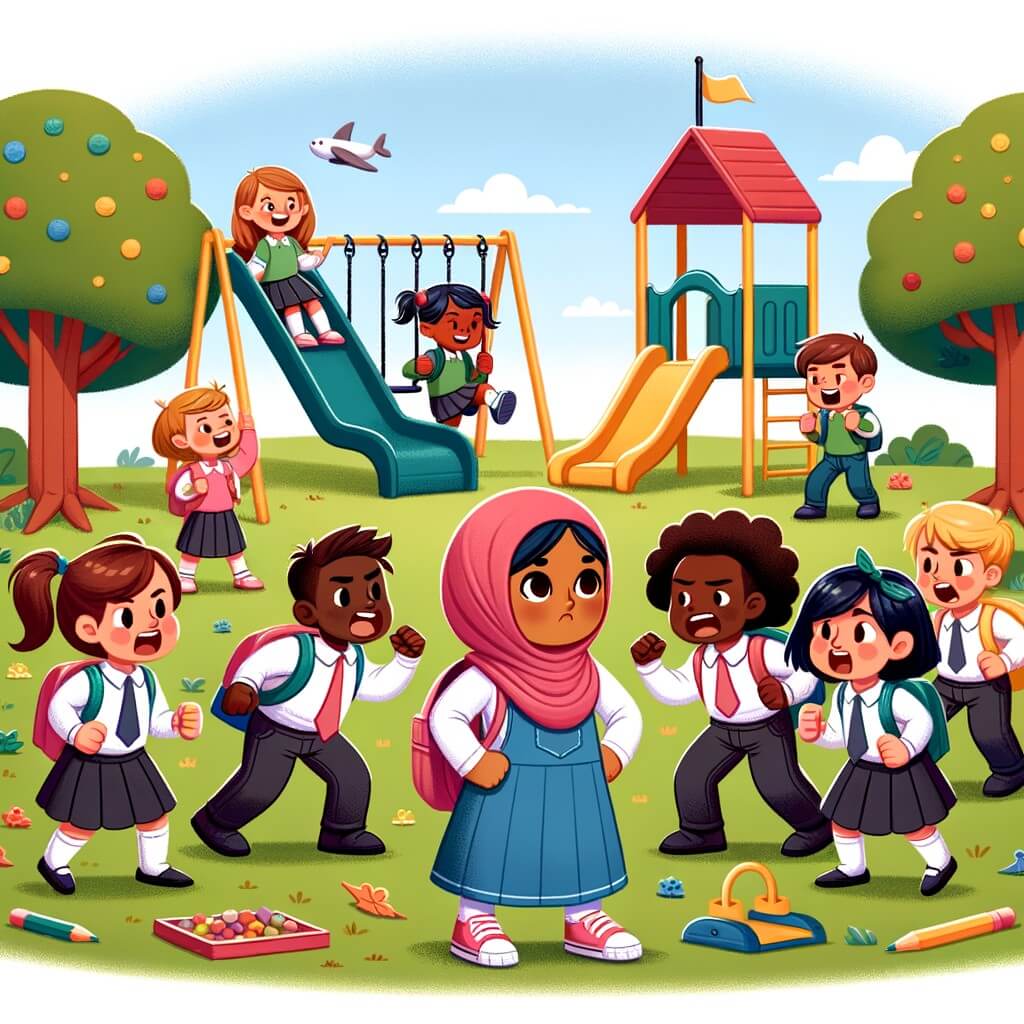 Une illustration pour enfants représentant une petite fille qui subit du harcèlement à l'école primaire, dans la cour de récréation.