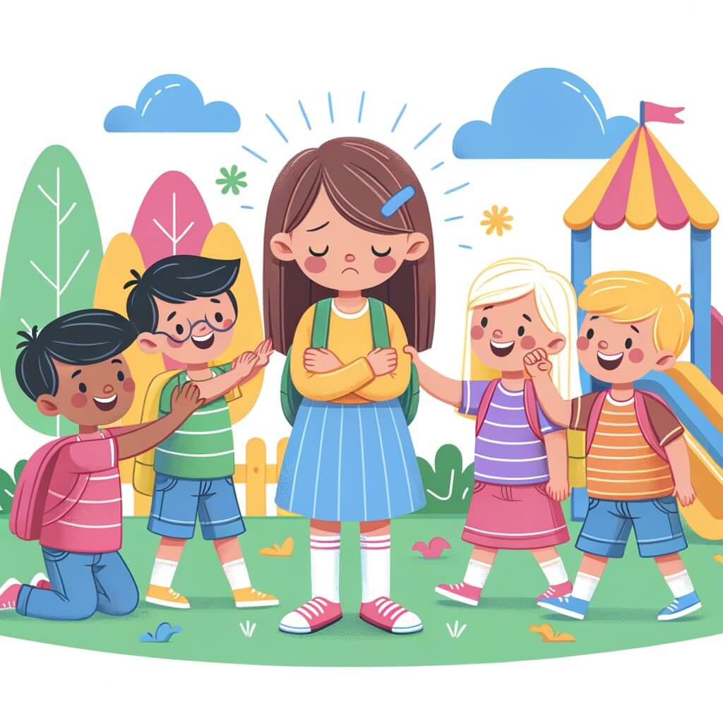 Une illustration destinée aux enfants représentant une petite fille courageuse, confrontée à une situation de harcèlement à l'école, soutenue par ses amis, dans une cour de récréation colorée et joyeuse.