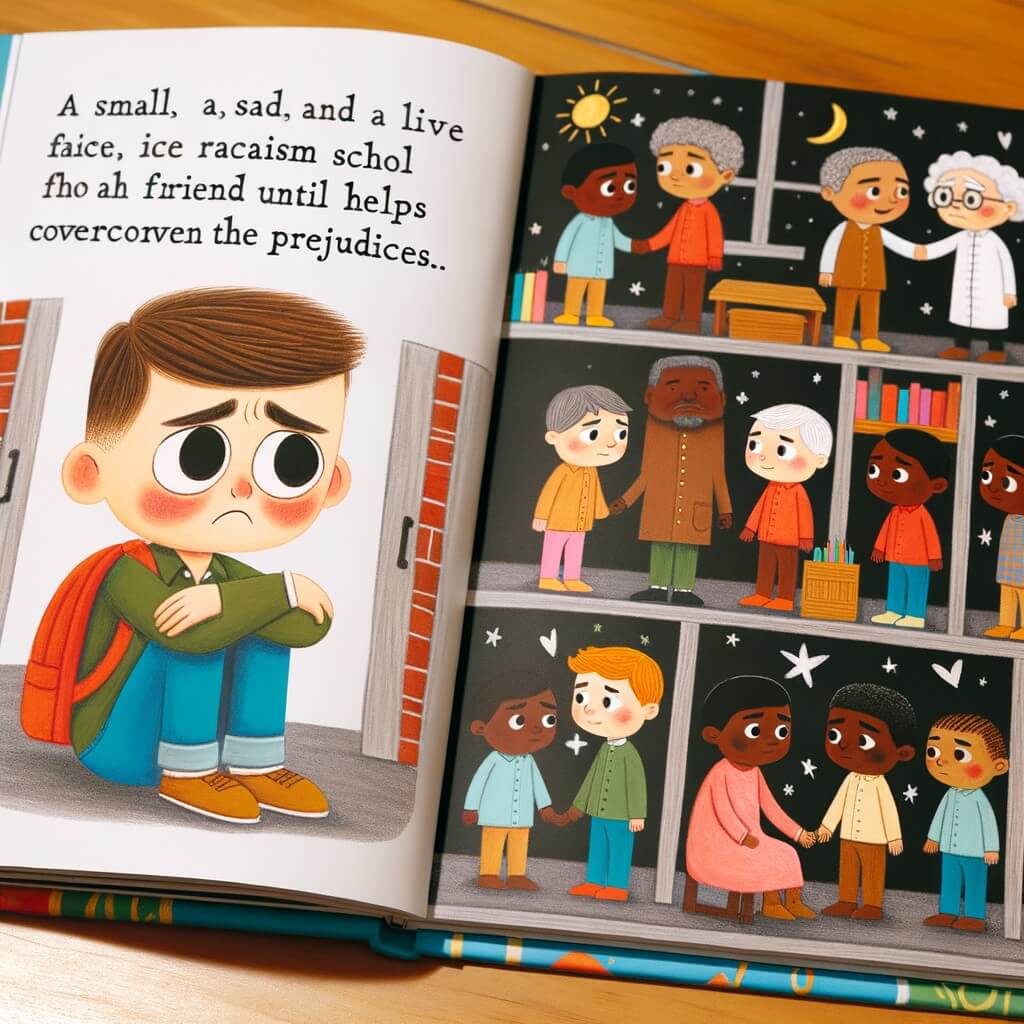 Une illustration destinée aux enfants représentant un petit garçon triste, confronté au racisme dans une école colorée et animée, jusqu'à ce qu'il trouve un ami qui l'aide à surmonter les préjugés.