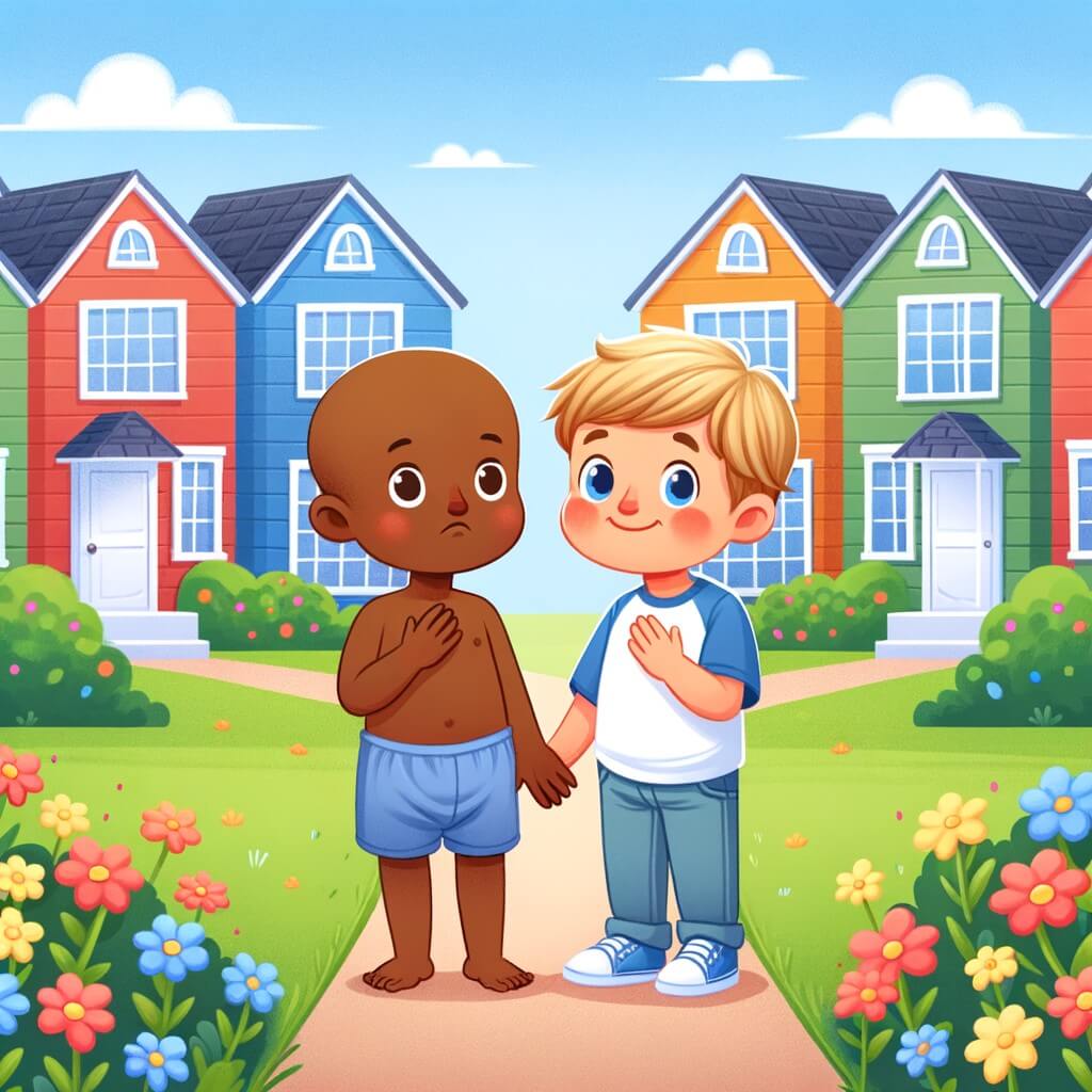 Une illustration pour enfants représentant un petit garçon qui doit faire face à la discrimination en raison de la couleur de sa peau, dans un quartier où une nouvelle famille vient d'emménager.