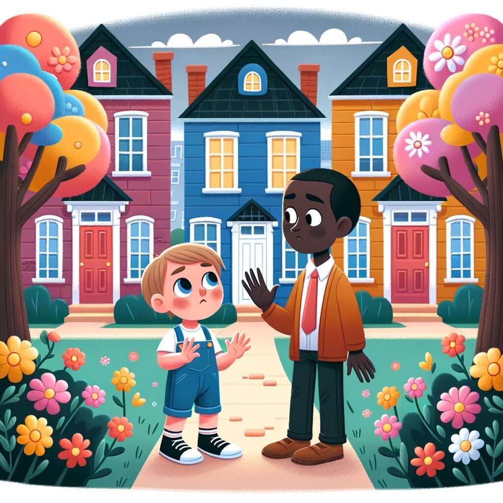 Une illustration destinée aux enfants représentant un petit garçon curieux et courageux, confronté à la discrimination raciale dans un quartier paisible aux maisons colorées et fleuries.