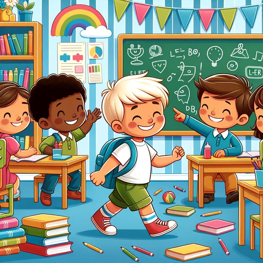 Une illustration destinée aux enfants représentant un petit garçon curieux et joyeux, confronté à des actes de racisme à l'école, soutenu par ses amis, dans une salle de classe colorée remplie de livres, de tableaux et de fournitures scolaires.