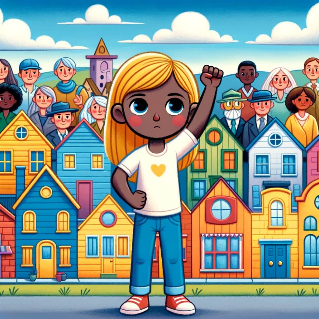 Une illustration pour enfants représentant une petite fille courageuse faisant face au racisme dans une petite ville pleine de couleurs et de diversité.
