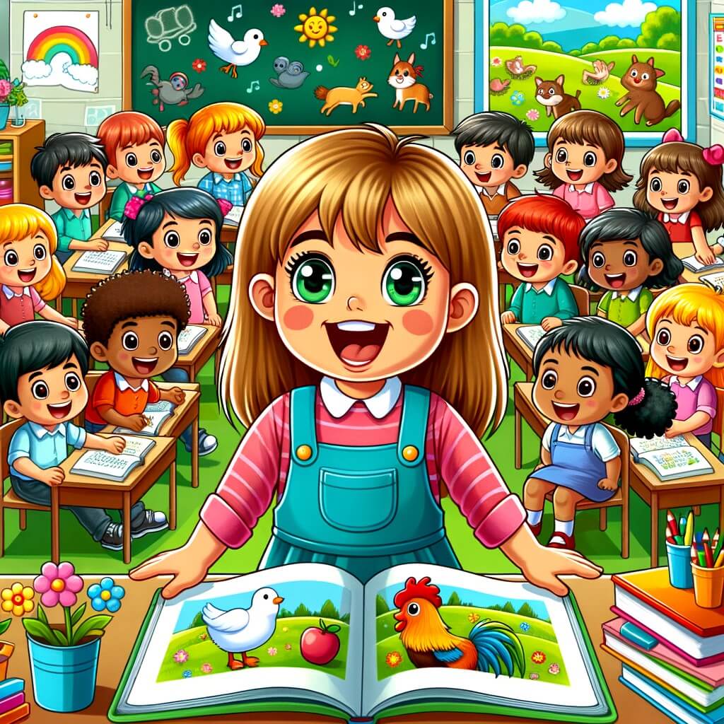 Une illustration pour enfants représentant une petite fille excitée par un voyage scolaire à la campagne où elle découvre la vie à la ferme.