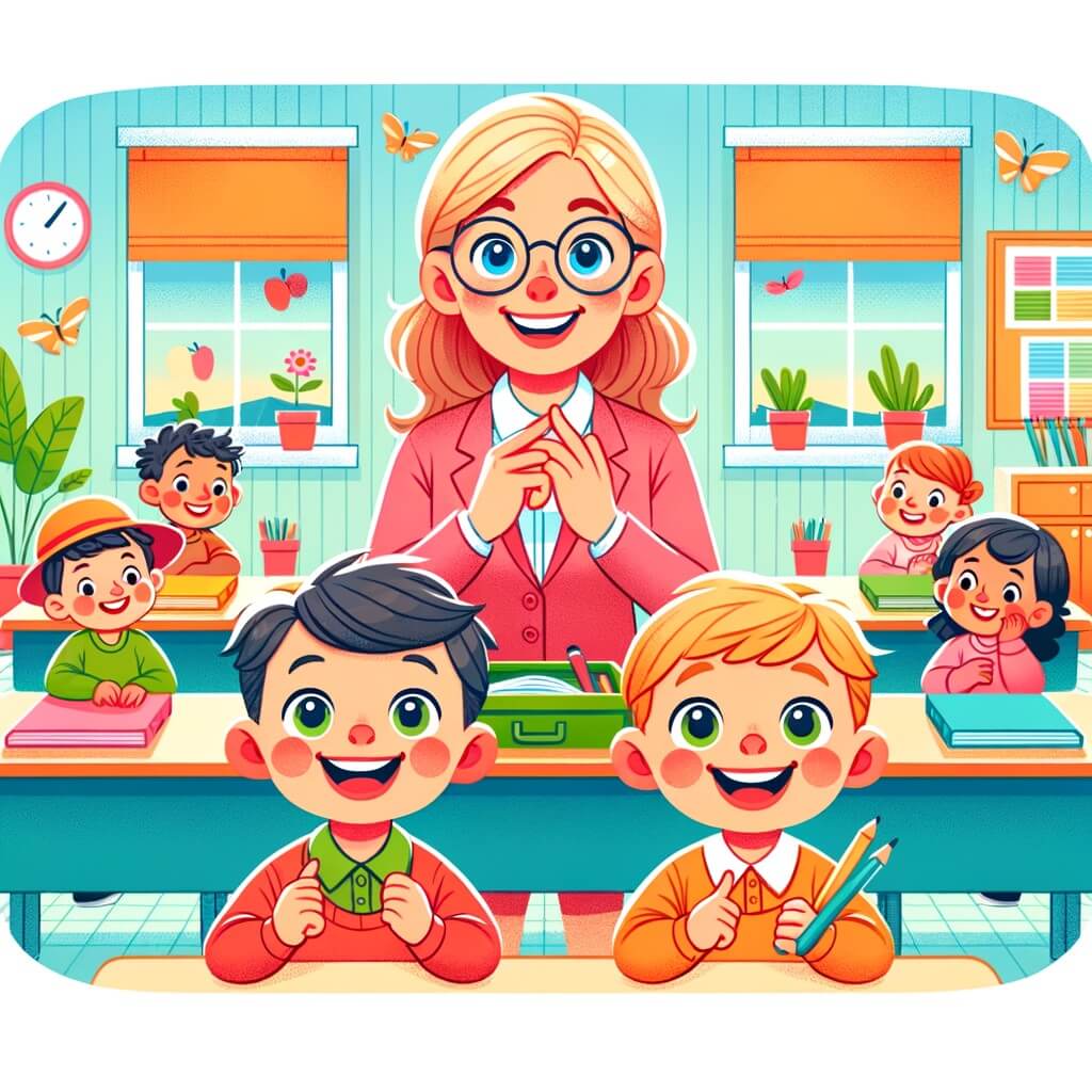 Une illustration destinée aux enfants représentant un petit garçon curieux, accompagné de ses amis, dans une salle de classe colorée et chaleureuse, où une nouvelle maîtresse enthousiaste les attend pour une année d'aventures éducatives.