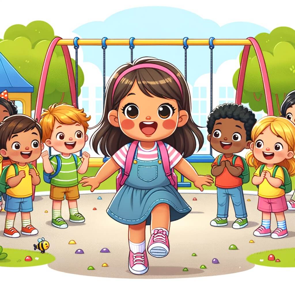 Une illustration destinée aux enfants représentant une petite fille, pleine d'excitation, vivant sa première journée d'école, entourée de nouveaux amis, dans une cour de récréation colorée avec une balançoire et un toboggan.