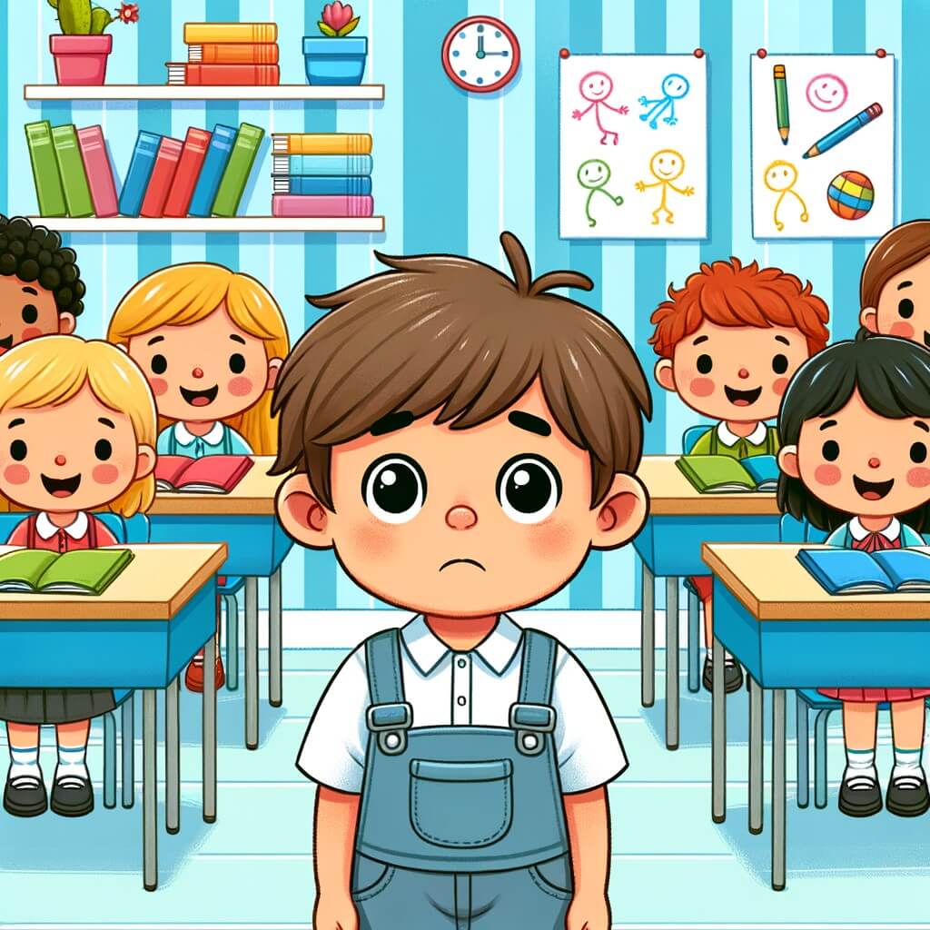 Une illustration destinée aux enfants représentant un petit garçon anxieux lors de sa première journée d'école, entouré de camarades souriants, dans une classe colorée remplie de livres et de dessins.