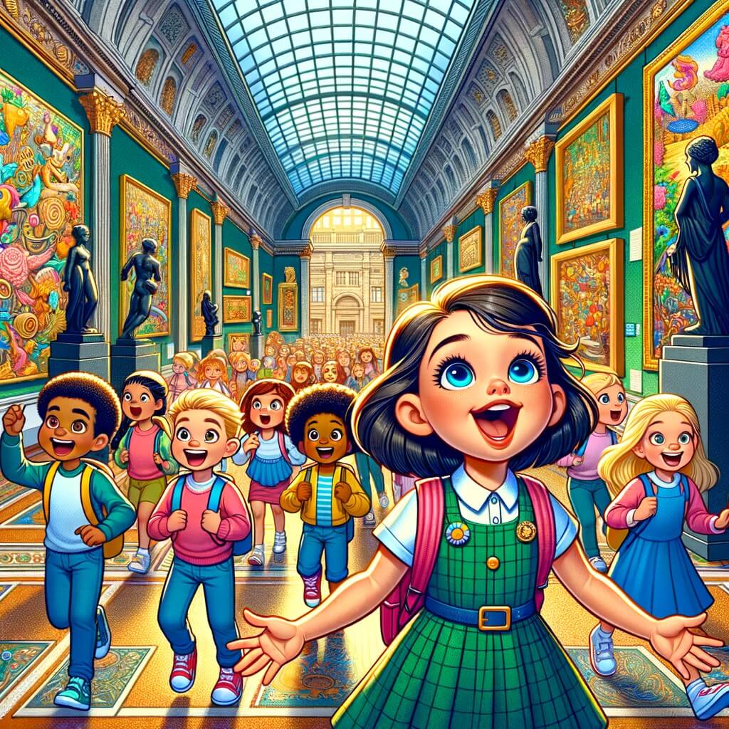 Une illustration destinée aux enfants représentant une petite fille enthousiaste, accompagnée de sa classe, découvrant un musée majestueux rempli d'œuvres d'art colorées et de sculptures fascinantes.